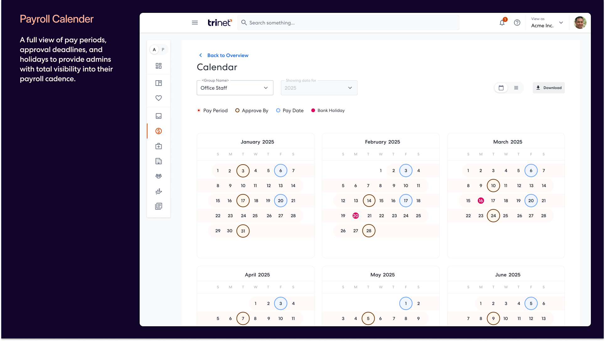 Payroll calendar – full-year view with pay periods, deadlines, and holidays
